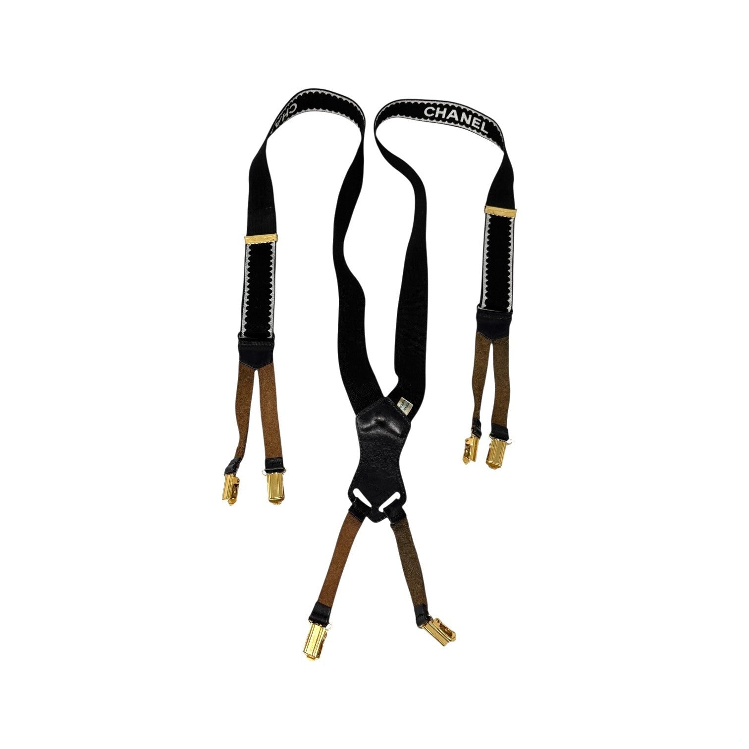 CHANEL Vintage 1994 CC Logo Letter Suspender Belt Black White Cotton Leather