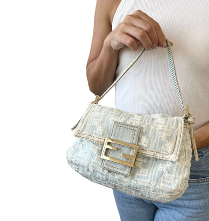 FENDI Vintage FF Zucca Monogram Denim Mamma Baguette Shoulder Bag Blue 902483