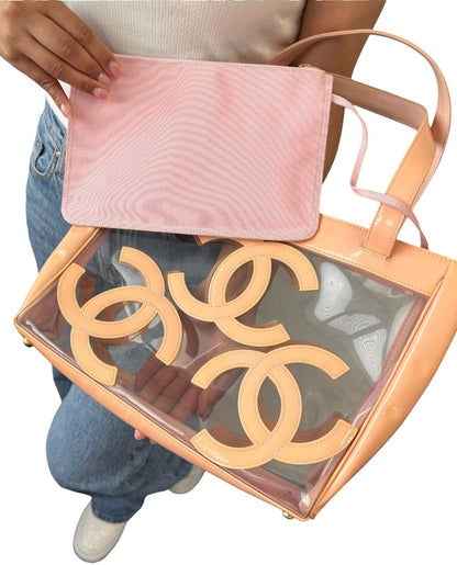CHANEL Vintage Triple CC Logo Clear Tote Shoulder Bag Pink Beige Pouch 902078