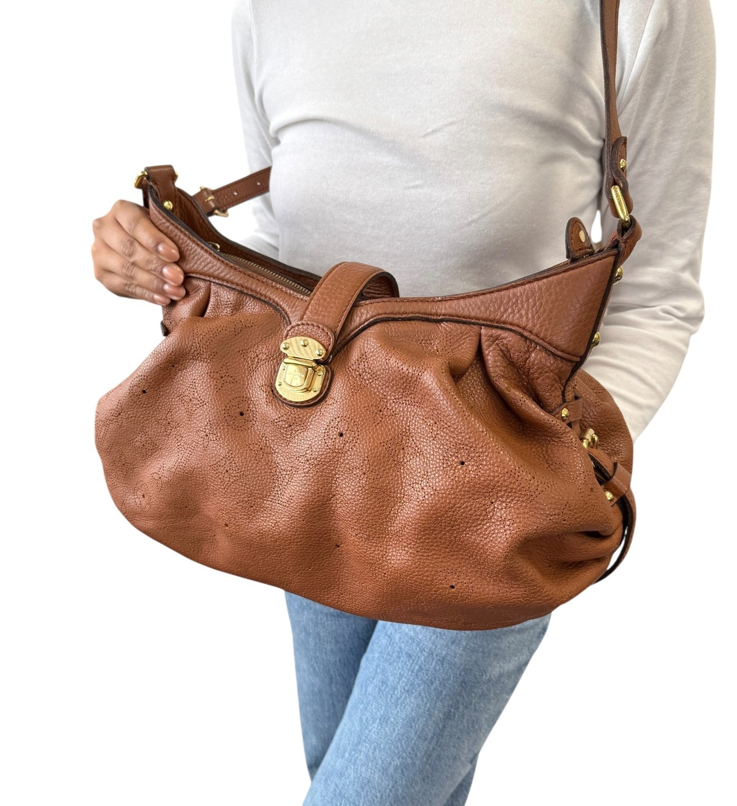 LOUIS VUITTON Vintage LV Monogram Mahina Crossbody Bag Brown Gold Leather