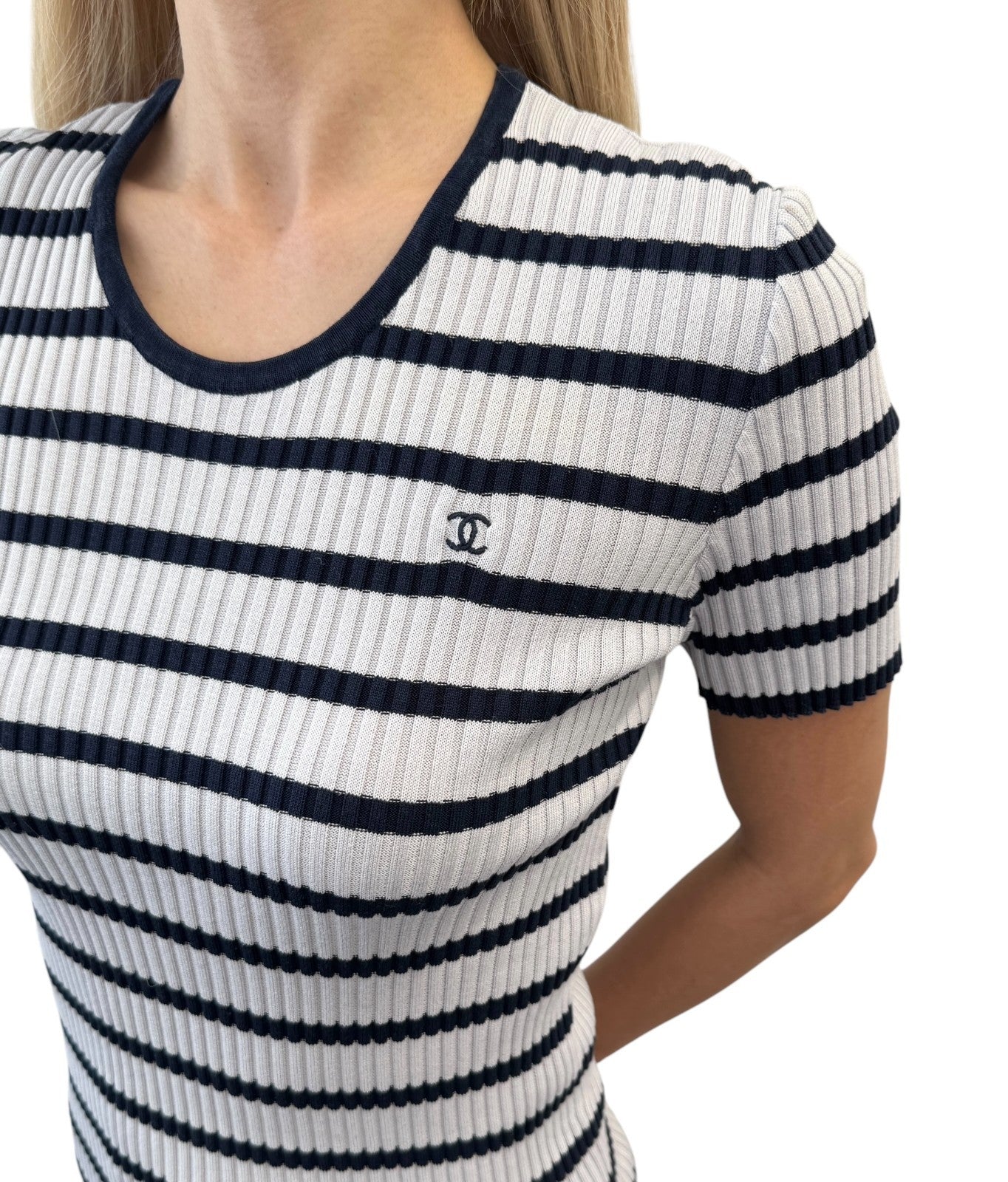 CHANEL Vintage 98P CC Logo Stripe Rib Knit T-shirt Top #40 Blue Cotton 902587