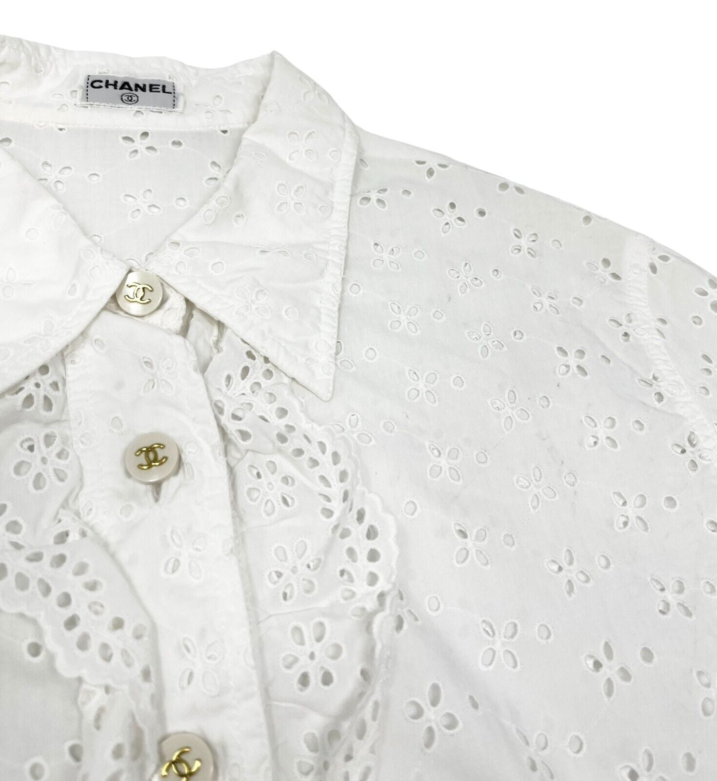 CHANEL Vintage CC Punching Shirt Top Frill Button Up Blouse White Cotton RankAB