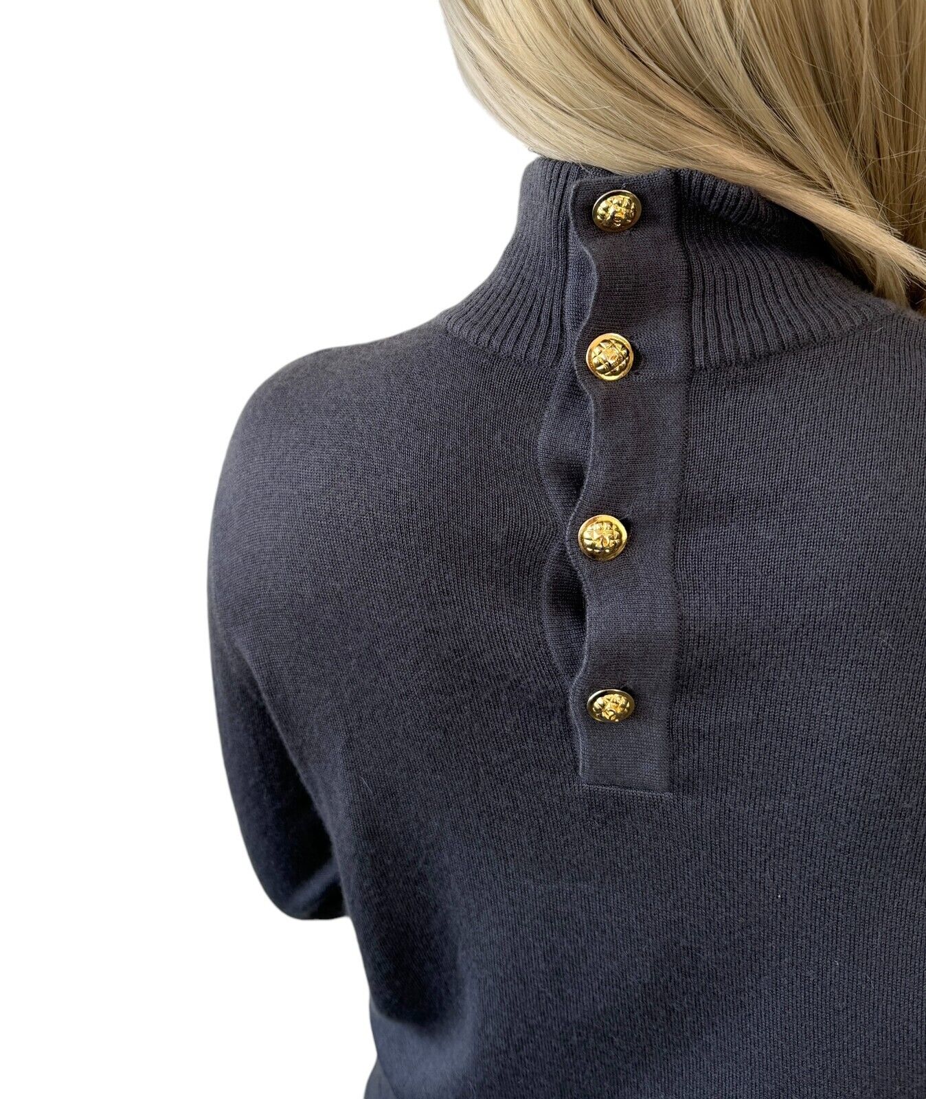 CHANEL Vintage CC Logo Turtleneck Sweater Top #36 Gray Gold Button Wool RankAB+