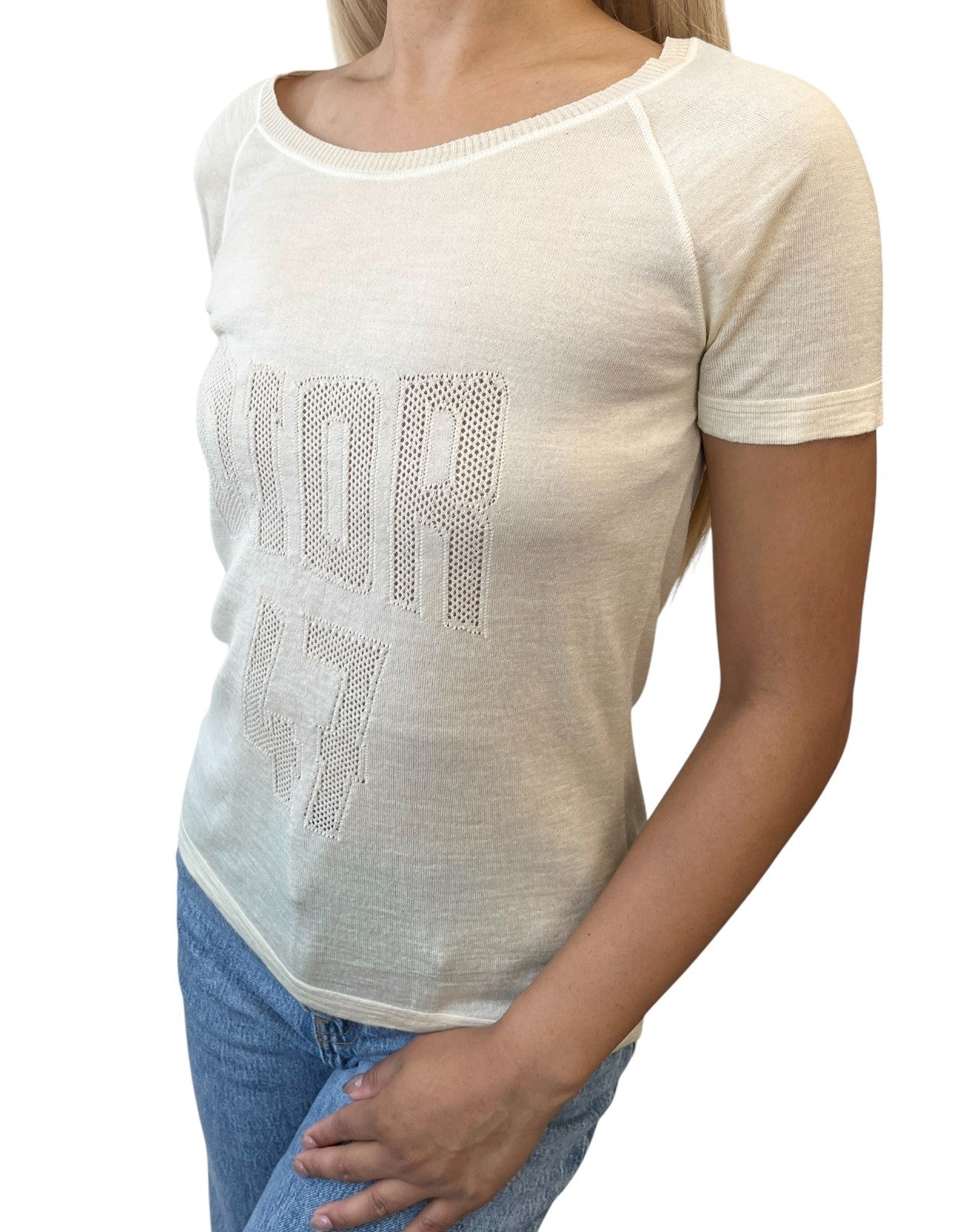 Christian Dior Vintage 2005 Knit T-shirt Top #38 Yellow Cream Wool 47 Mesh Logo