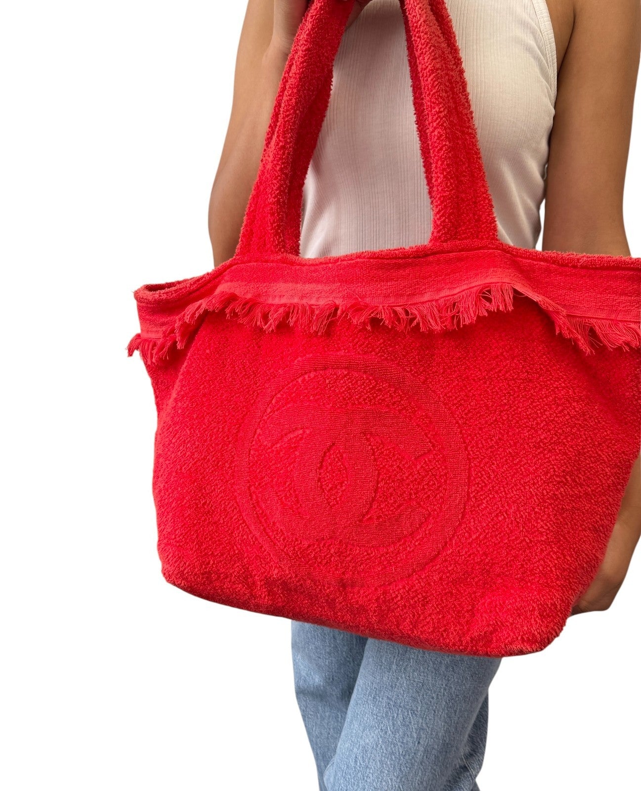 CHANEL Vintage CC Logo Beach Tote Shoulder Bag Red Cotton Terry Cloth Fringe