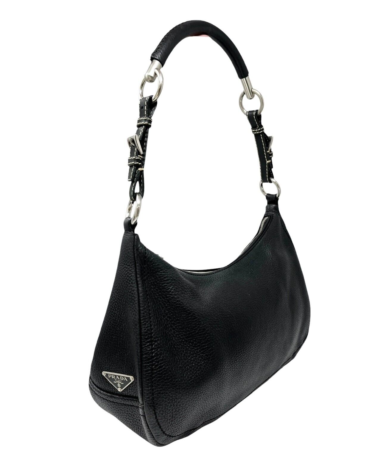 PRADA Vintage Logo Shoulder Bag Handbag Zip Stitch Black Silver Leather