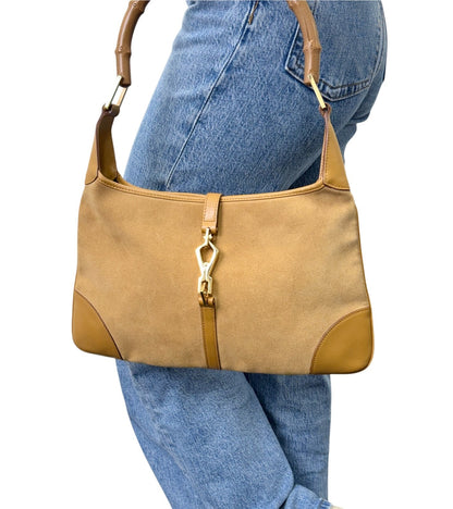 Gucci Vintage Bamboo Handle Hobo Shoulder Bag Beige Gold Suede Leather 902823