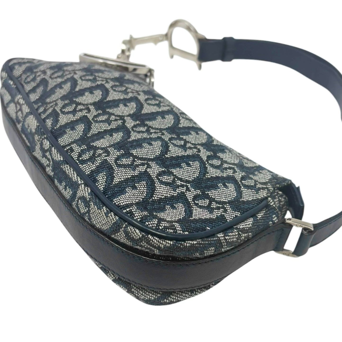 Christian Dior Vintage CD Logo Trotter Monogram Shoulder Bag Dark Blue Silver