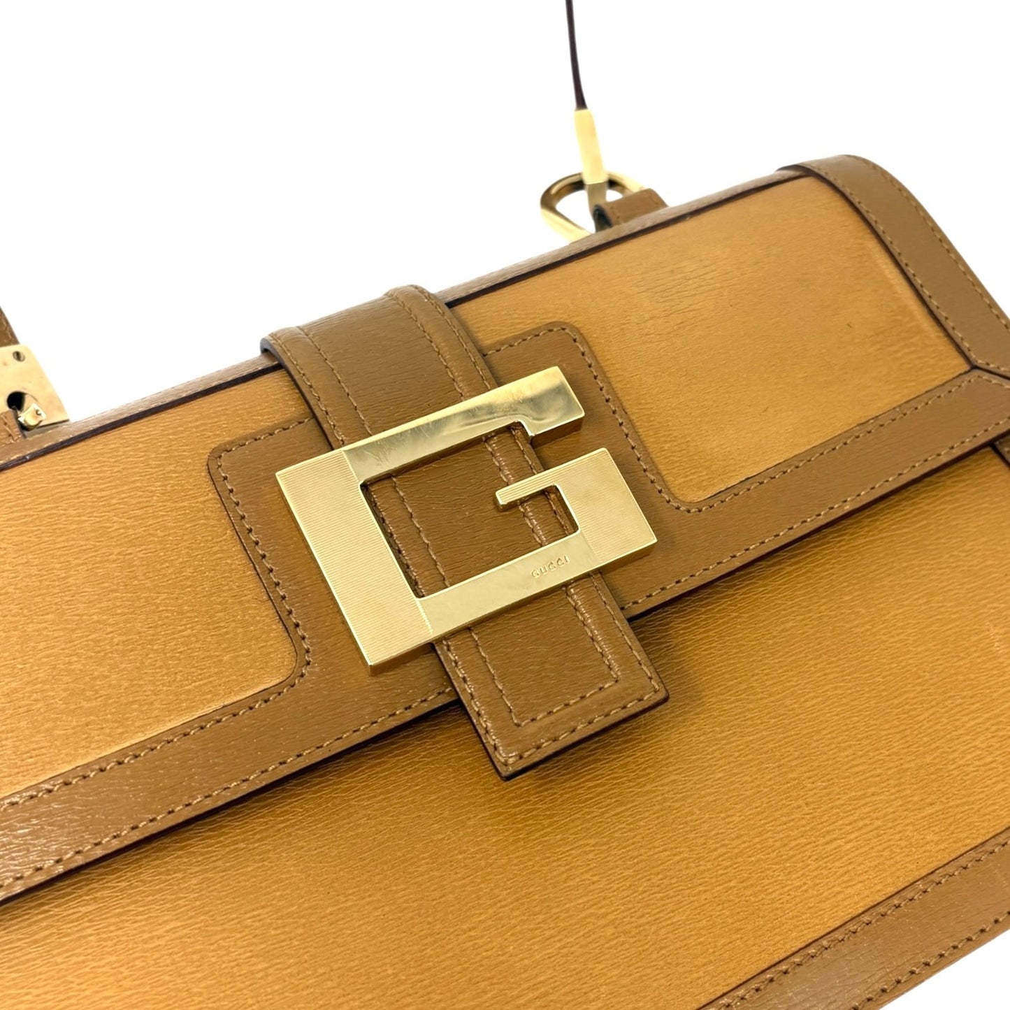 GUCCI Vintage G Square Logo Shoulder Bag Brown Camel Gold Leather Rectangle