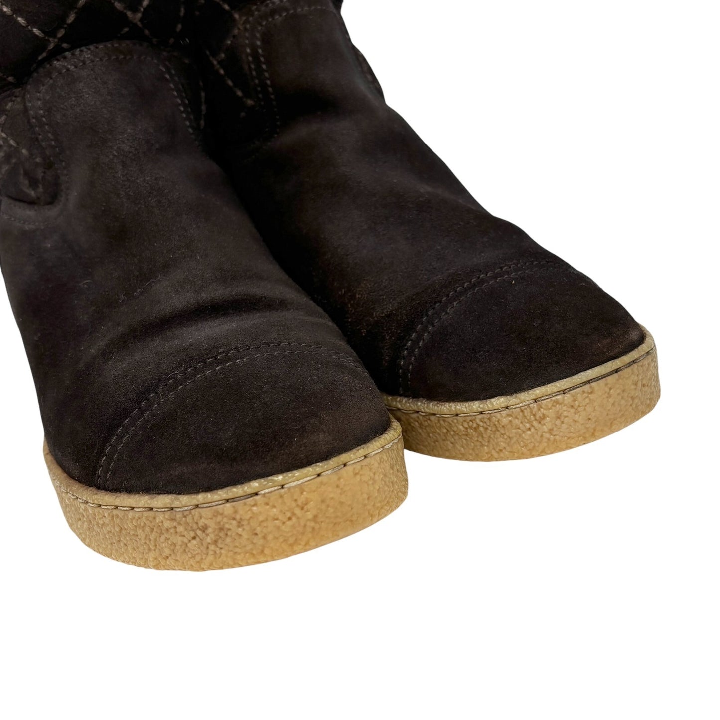 CHANEL Vintage CC Mark Logo Mid Calf Boots #39.5 Stitch Dark Brown Cream Suede
