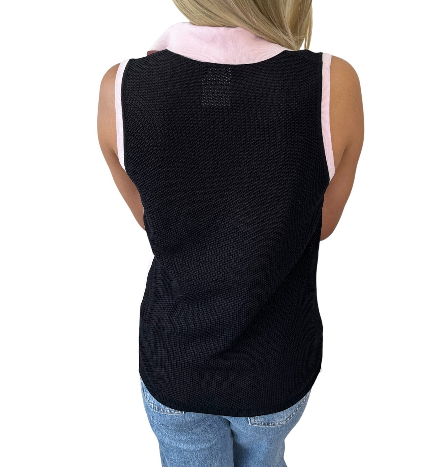 CHANEL Vintage 03P CC Logo Mesh Knit Tank Top #38 Black Pink Cotton Rank AB+