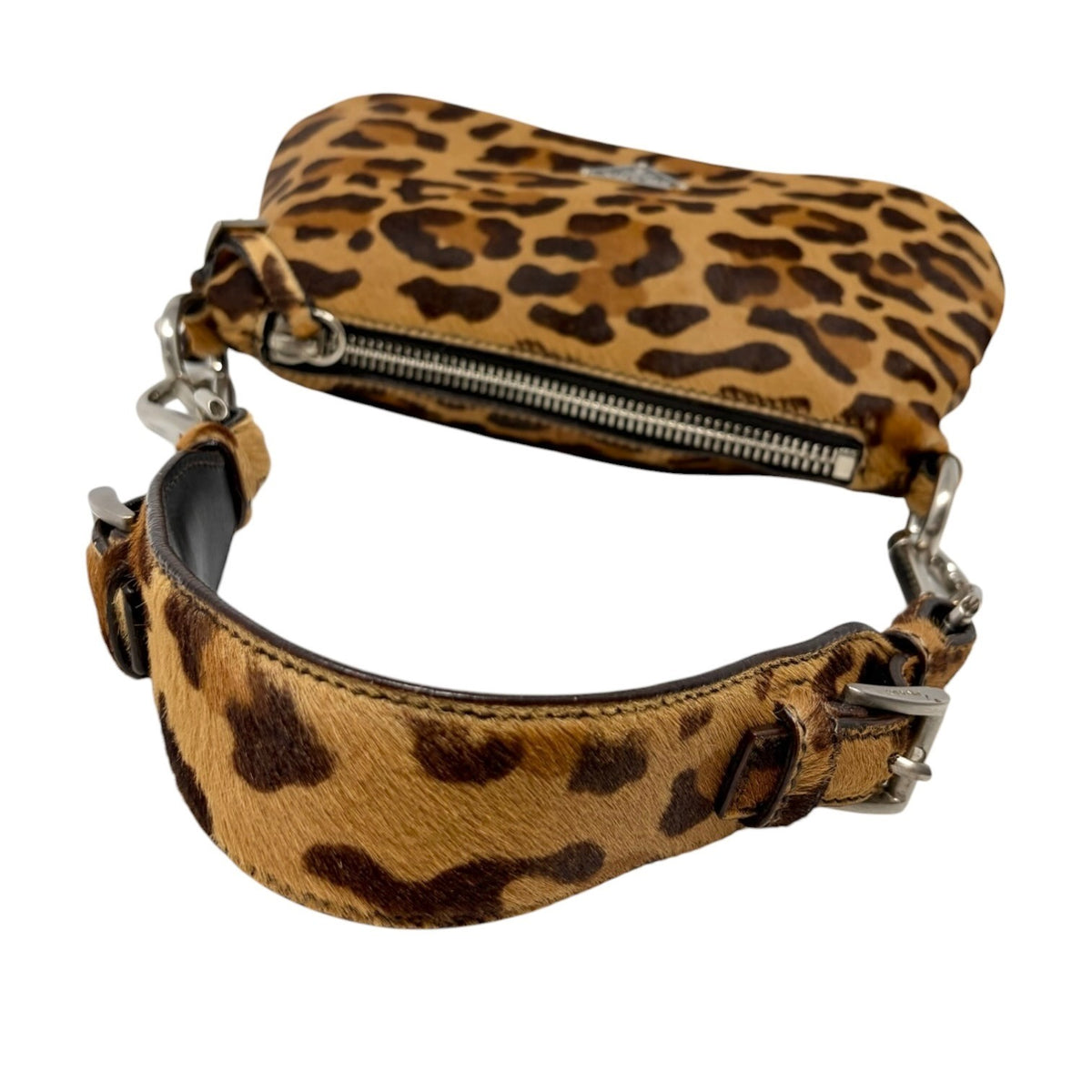 PRADA Vintage Logo Leopard Pony Calf Hair Shoulder Bag Brown Camel 902474