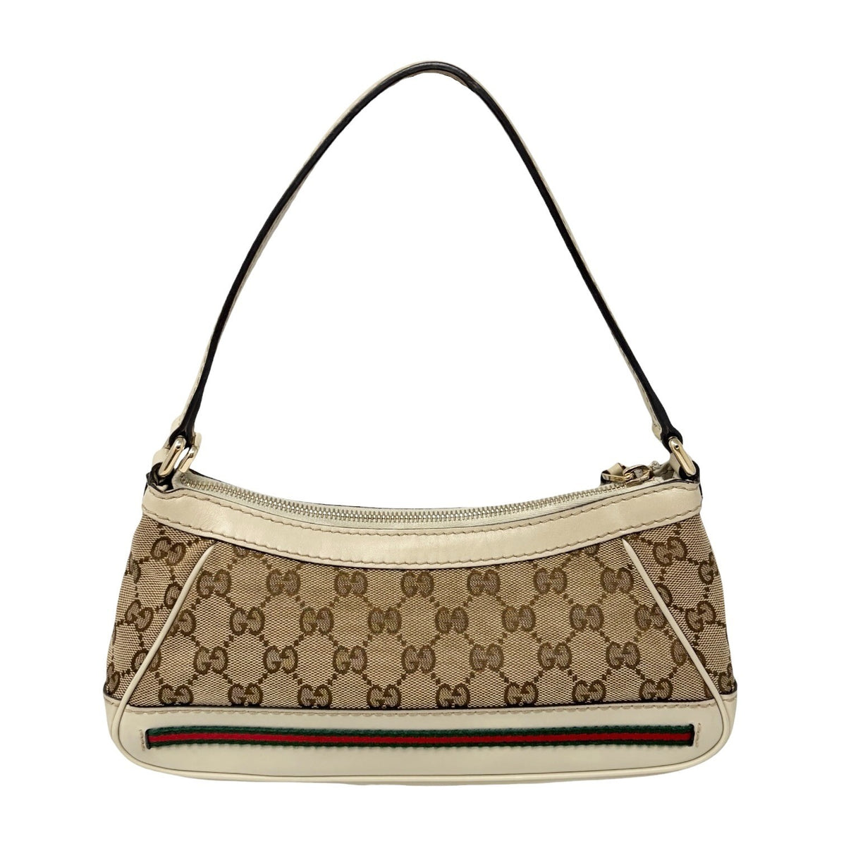 GUCCI Vintage GG Monogram Web Stripe Canvas Shoulder Bag Beige Ribbon 902487
