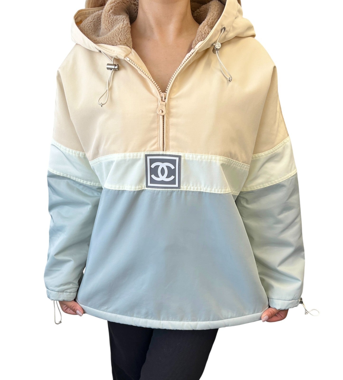 CHANEL Sport Vintage 01A Logo CC Mark Ski wear Jacket #36 Beige Blue Polyester