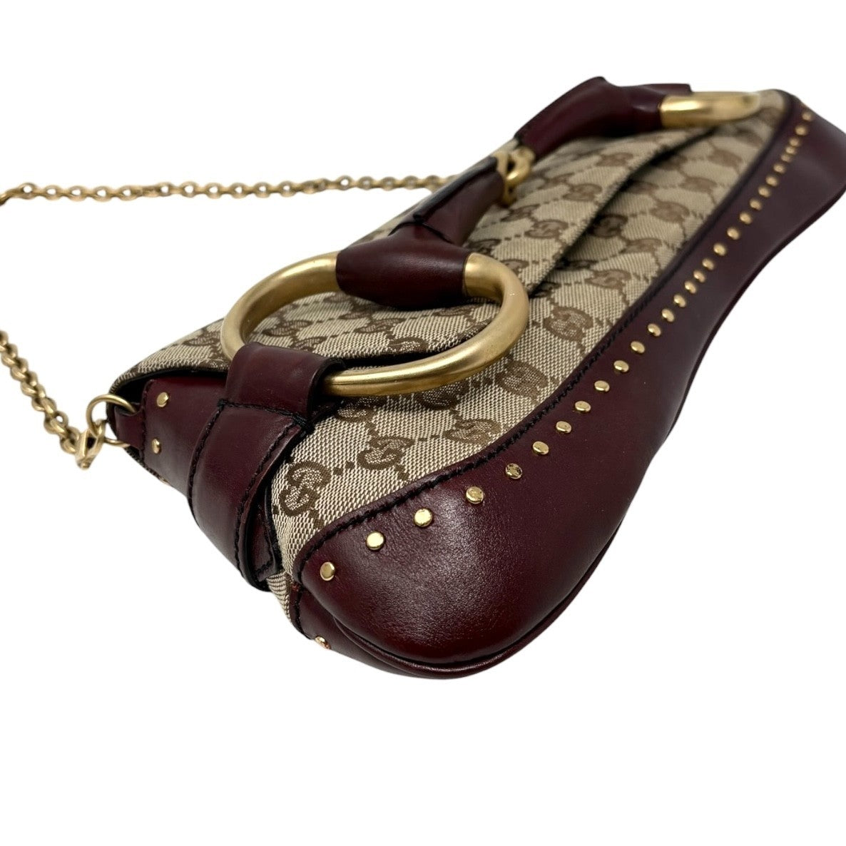 GUCCI Vintage Horsebit GG Monogram Chain Shoulder Bag Studs Beige 901830