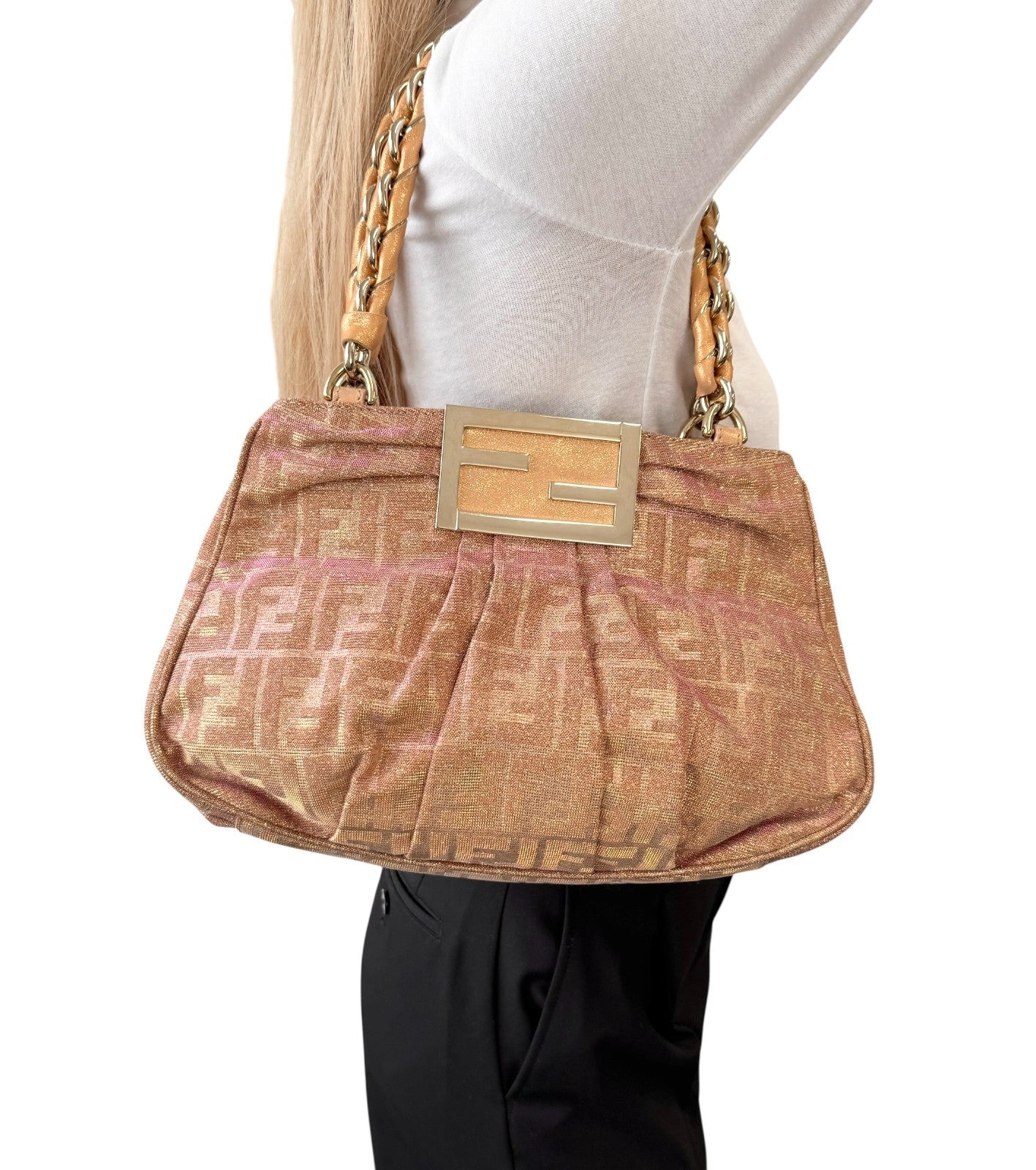 FENDI Vintage FF Logo Zucca Monogram Shoulder Bag Glitter Pink Beige Cotton