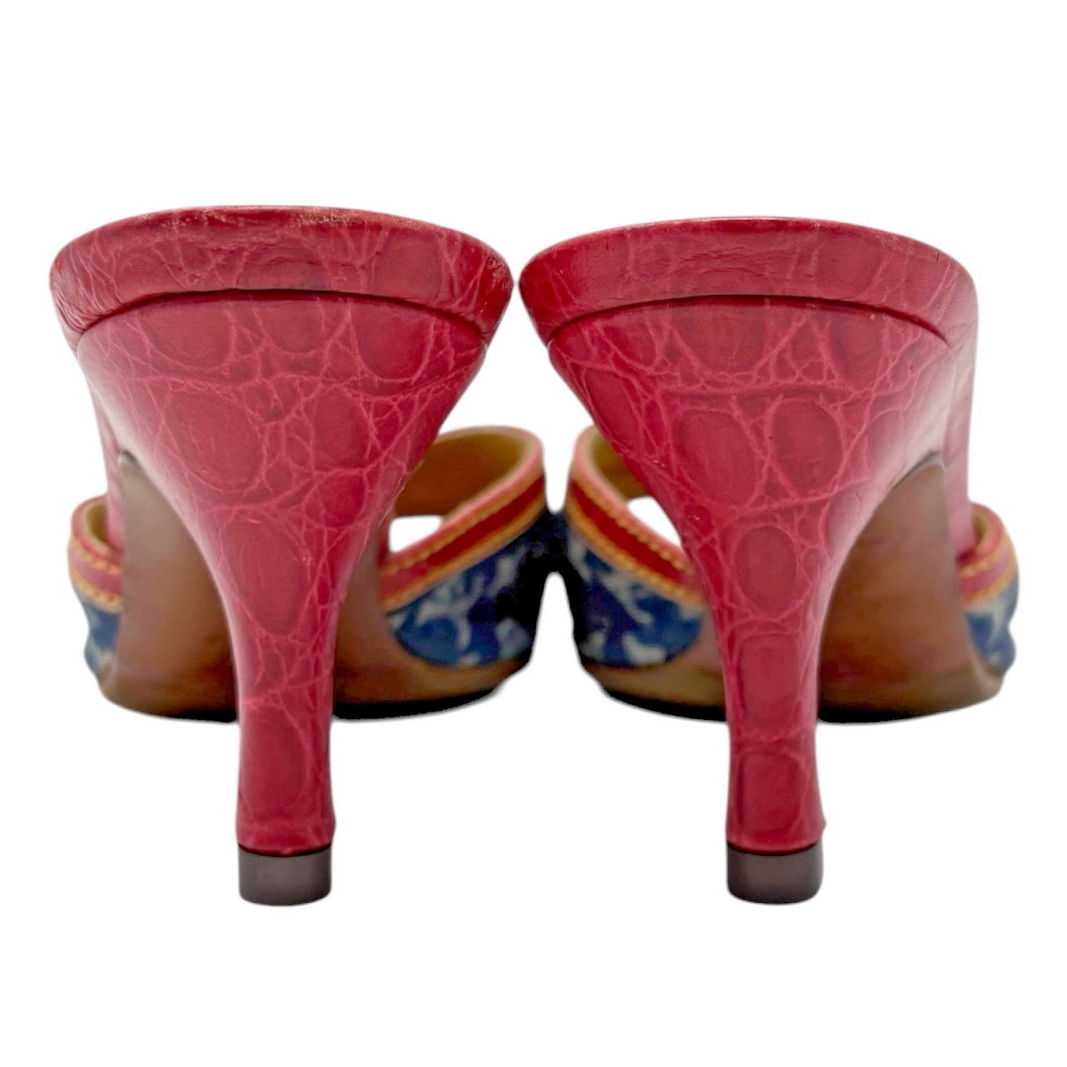 LOUIS VUITTON Vintage Monogram Denim Heels Sandals #36.5 Blue Brown Leather