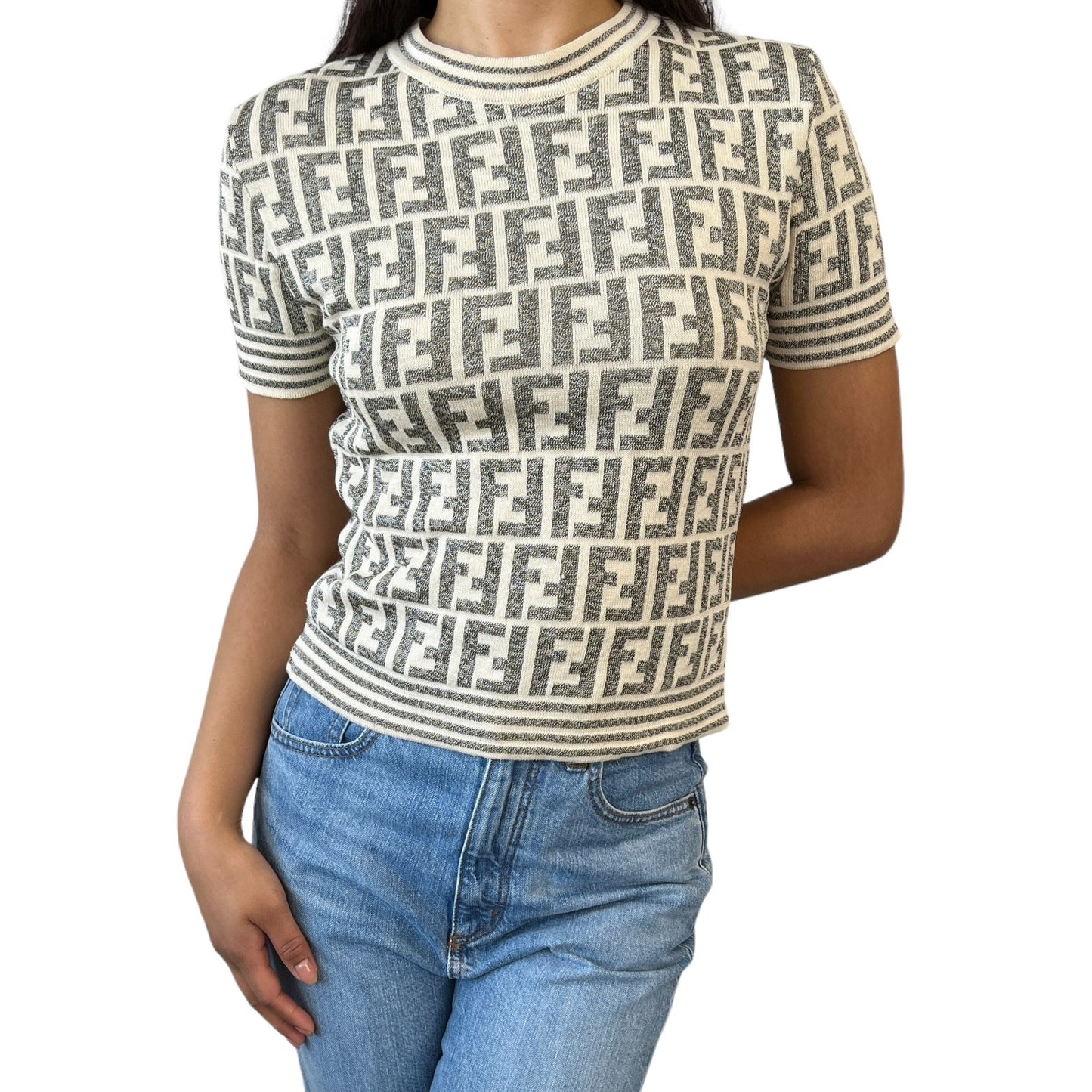 FENDI Vintage Zucca Monogram Short Sleeve Sweater Knit Top Cotton Gray Cream