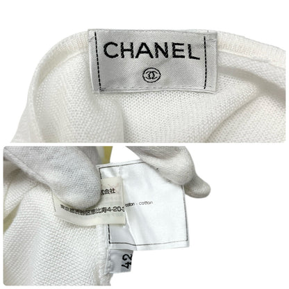 CHANEL Vintage 00S CC Logo Knit Tank Top #42 Sleeveless White Yellow Cotton