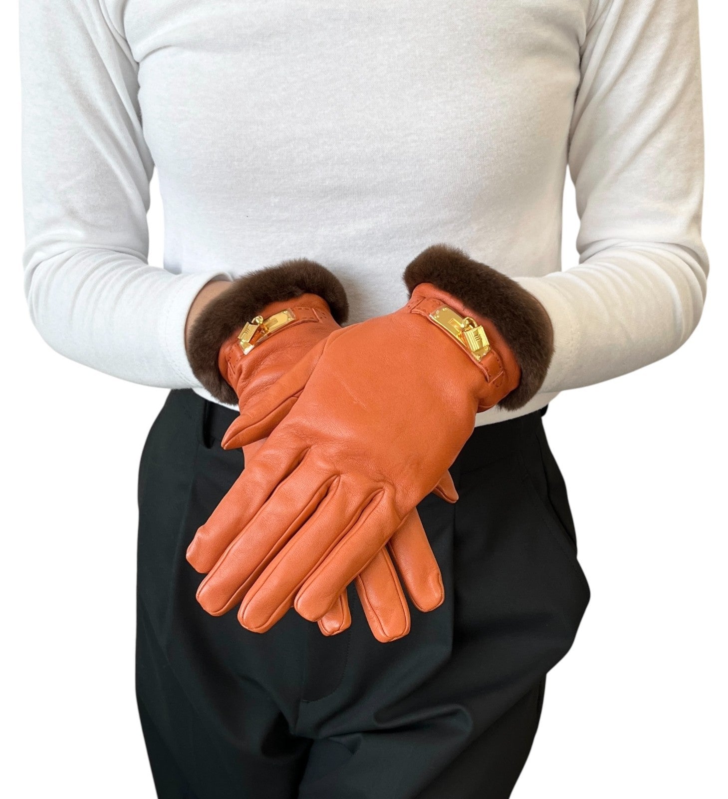 HERMES Vintage H Logo Kelly Gloves Accessory Padlock Charm #7 Orange Leather