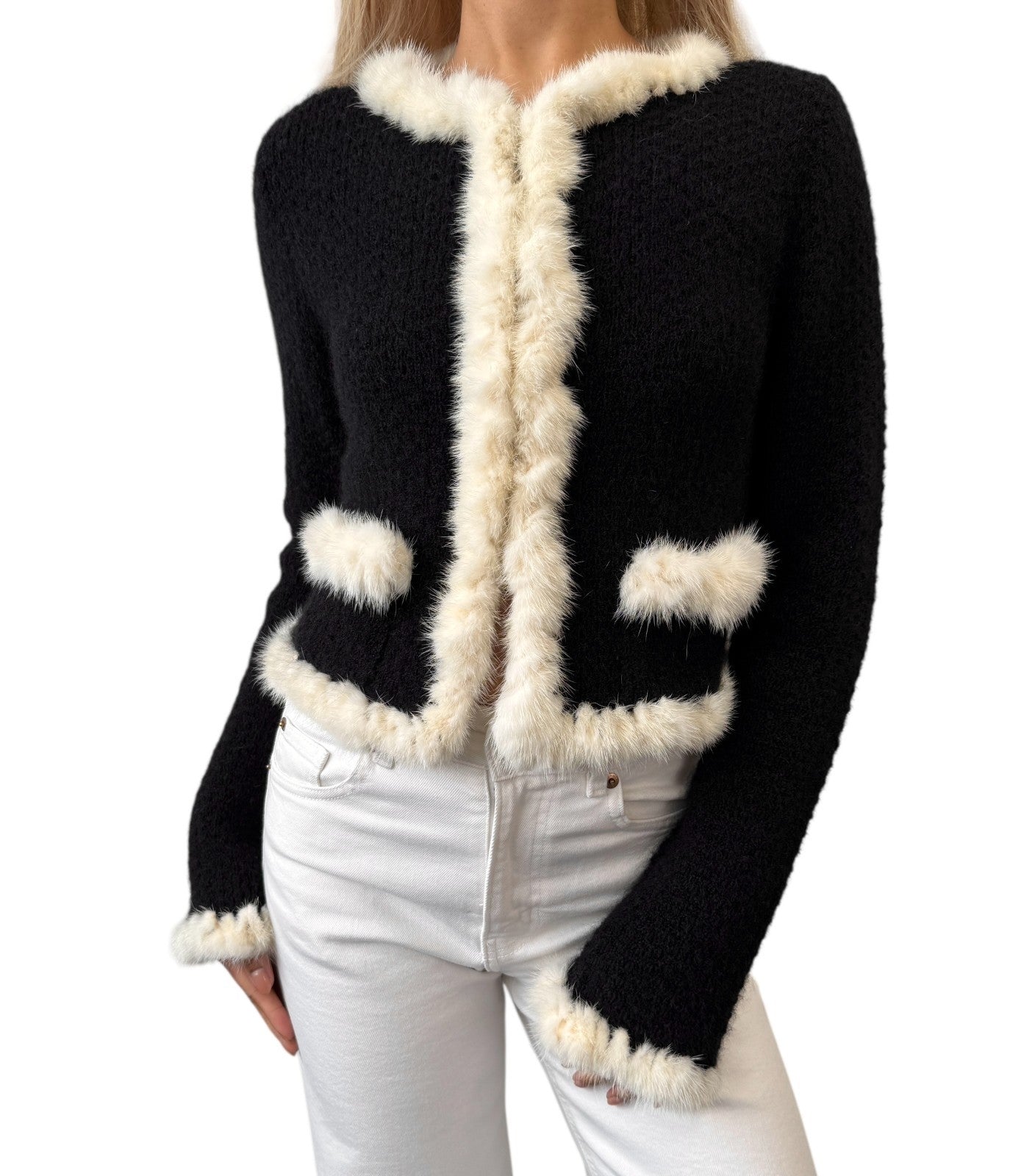 CHANEL Vintage 03A CC Logo Button Trim Fur Knit Jacket #38 Black White Mohair