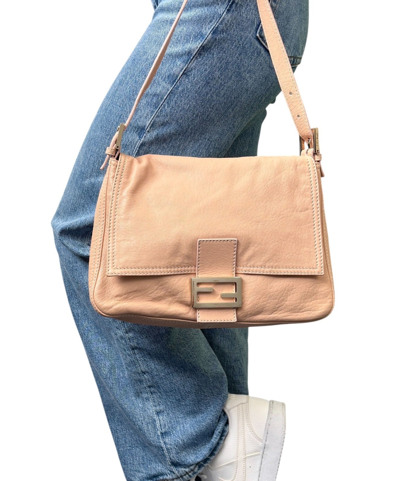 FENDI Vintage FF Logo Mamma Baguette Shoulder Bag Beige Gold Soft Leather