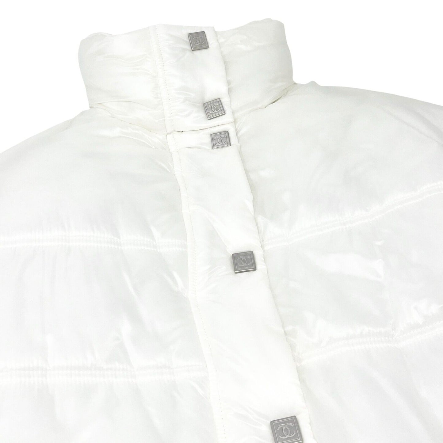 CHANEL Sport Vintage 03A CC Logo Puffer Jacket #38 Zip Button White Polyamide