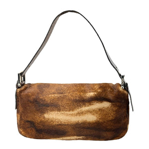 FENDI Vintage Calf Hair Mamma Baguette Shoulder Bag Brown Beige Leather