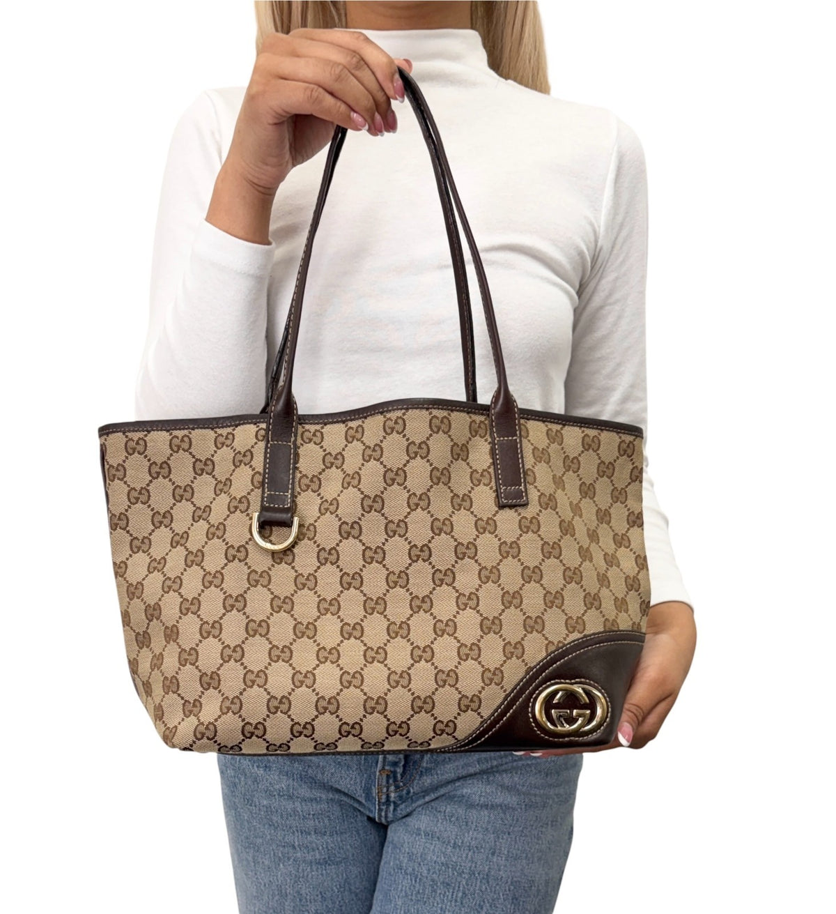 GUCCI Vintage GG Monogram Tote Shoulder Bag Brown Beige Canvas Leather 902323