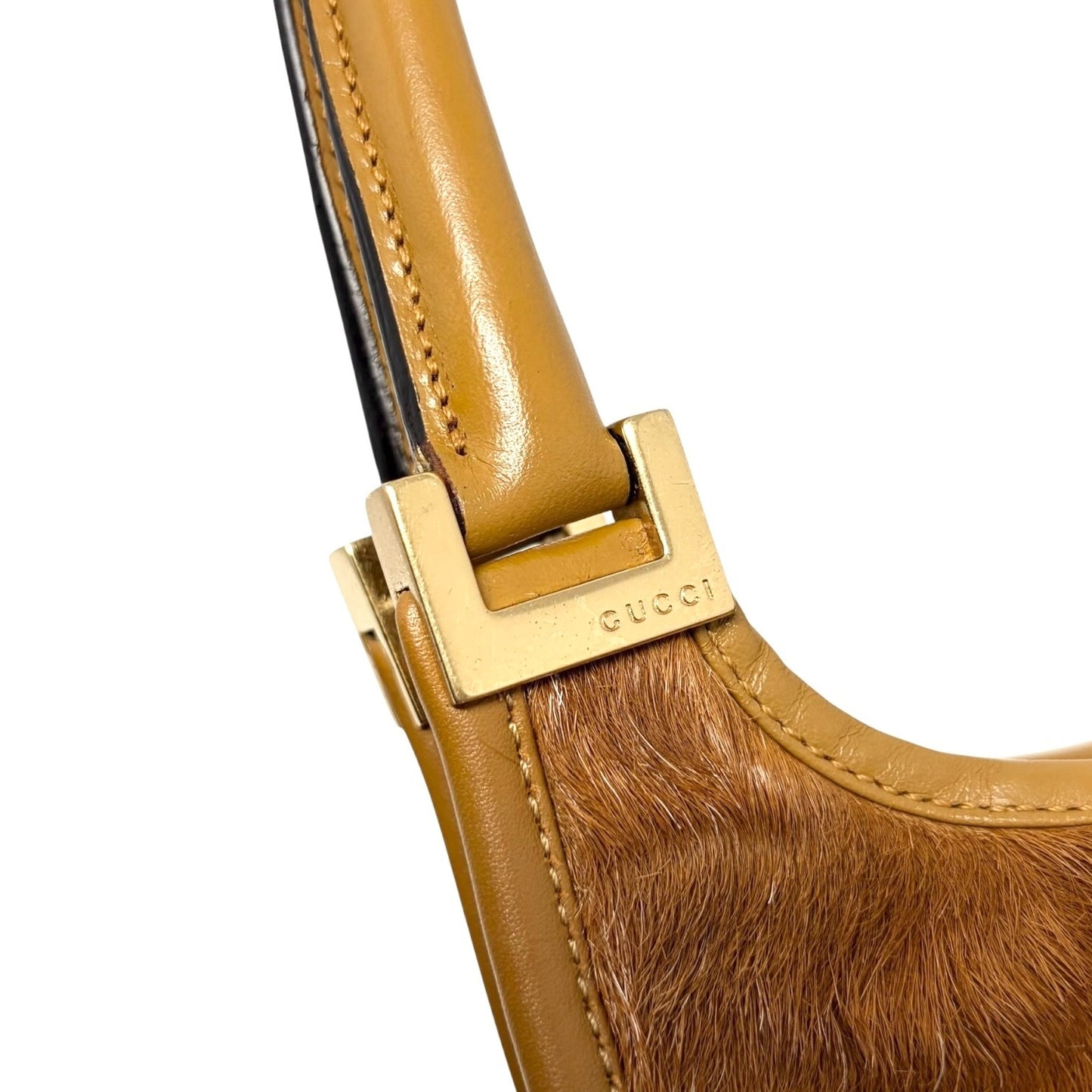 GUCCI Vintage Logo Jackie Pony Calf Hair Shoulder Bag Brown Gold 901855