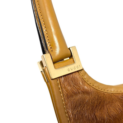 GUCCI Vintage Logo Jackie Pony Calf Hair Shoulder Bag Brown Gold 901855