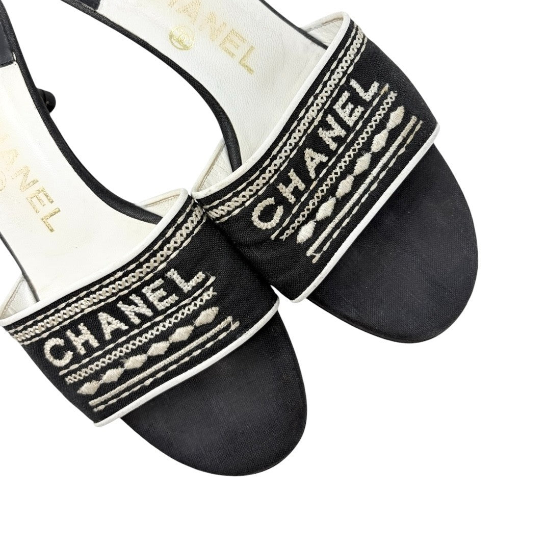CHANEL Vintage CC Embroidery Logo Sandals Heels #36.5 Black White Canvas 902255