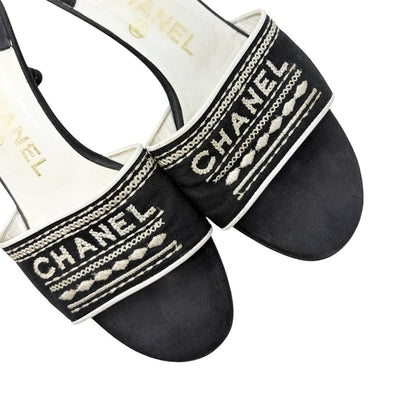 CHANEL Vintage CC Embroidery Logo Sandals Heels #36.5 Black White Canvas 902255