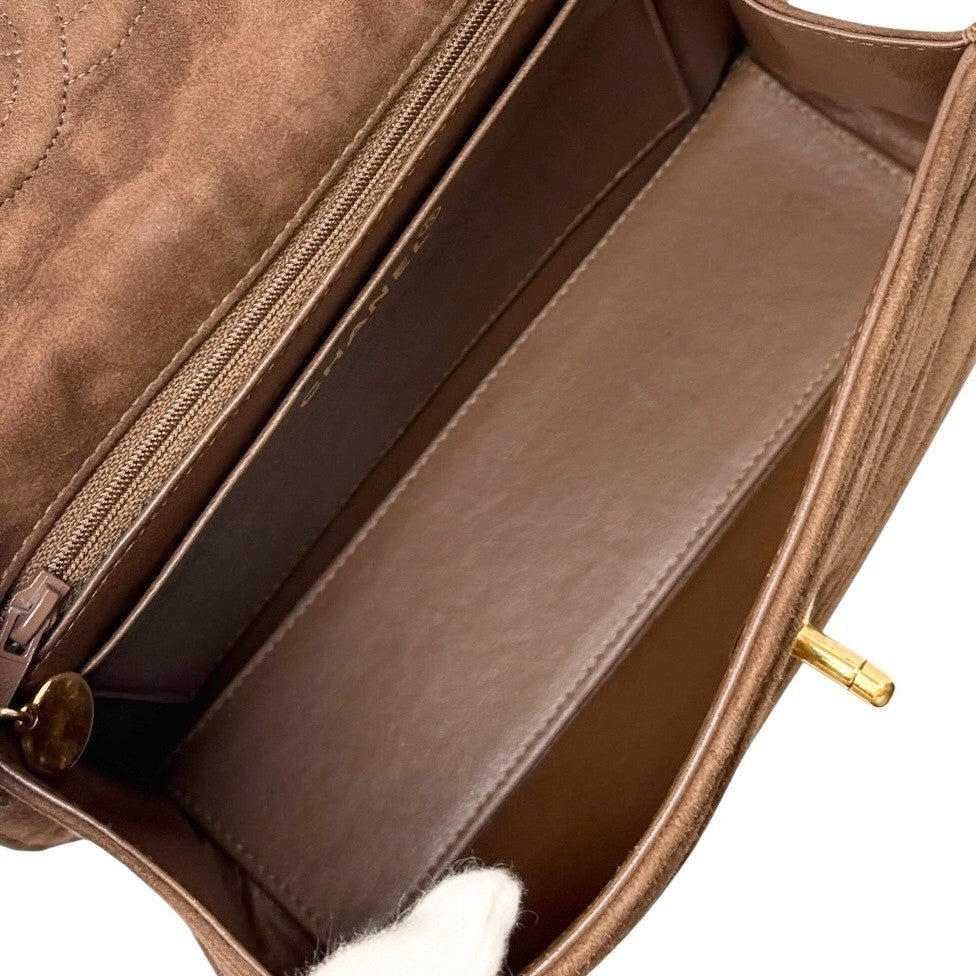 CHANEL Vintage CC Mark Logo Turnlock Chain Crossbody Bag Brown Gold Suede