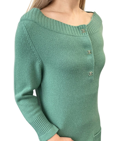 CHANEL Vintage P44445 CC Logo Turnlock Cashmere Knit Sweater Dress #38 Green