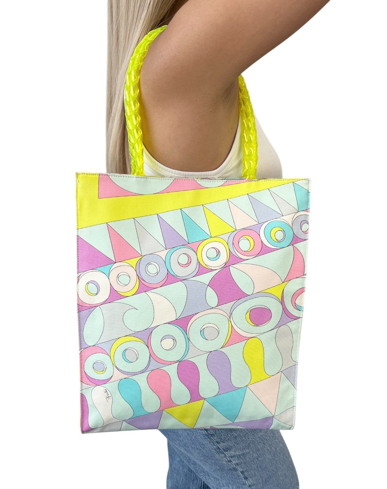 EMILIO PUCCI Vintage Logo Geometric Multicolor Printed Canvas Square Tote Bag