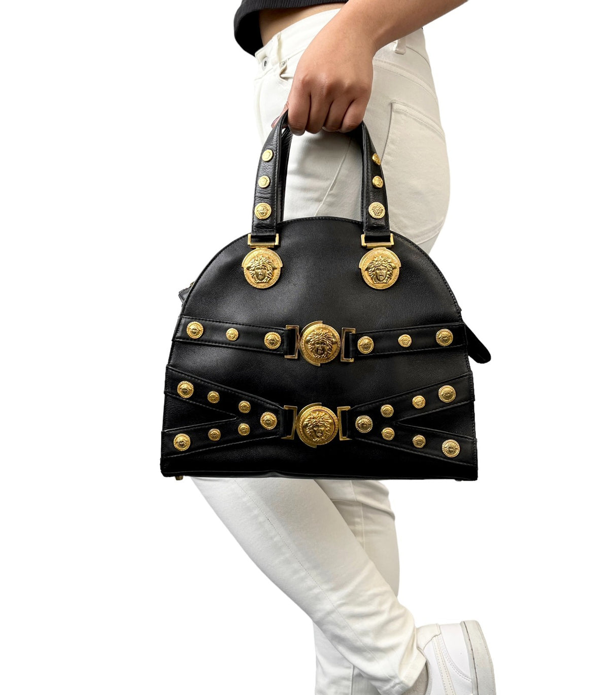GIANNI VERSACE Vintage Medusa Logo Top Handle Bag Black Gold Leather Zip 902957
