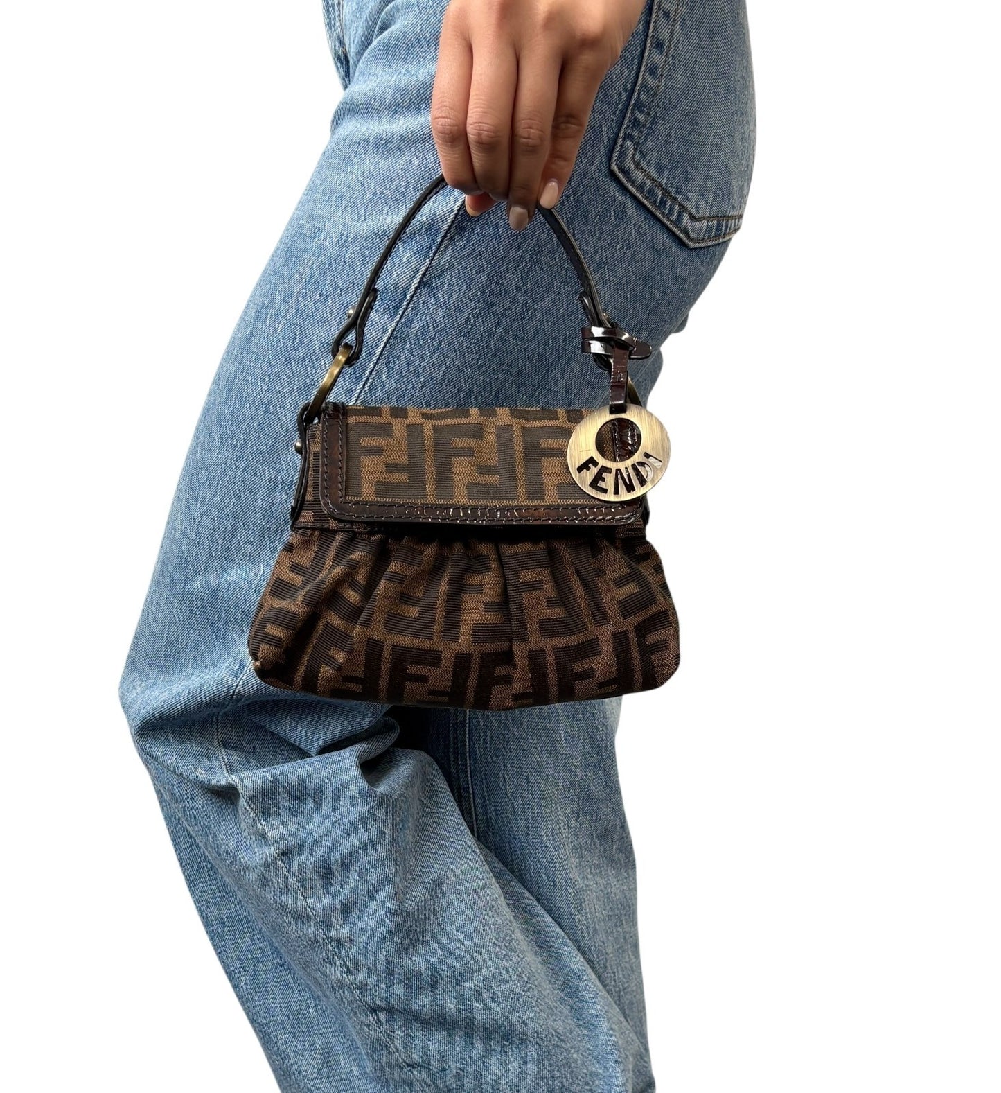 FENDI Vintage Zucca Monogram Logo Charm Canvas Mini Chef Bag Brown Pochette