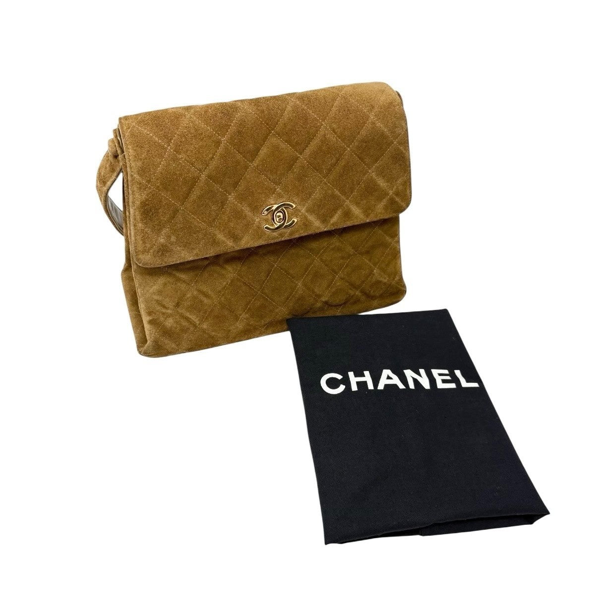 CHANEL Vintage CC Logo Turnlock Quilted Suede Flap Shoulder Bag Brown