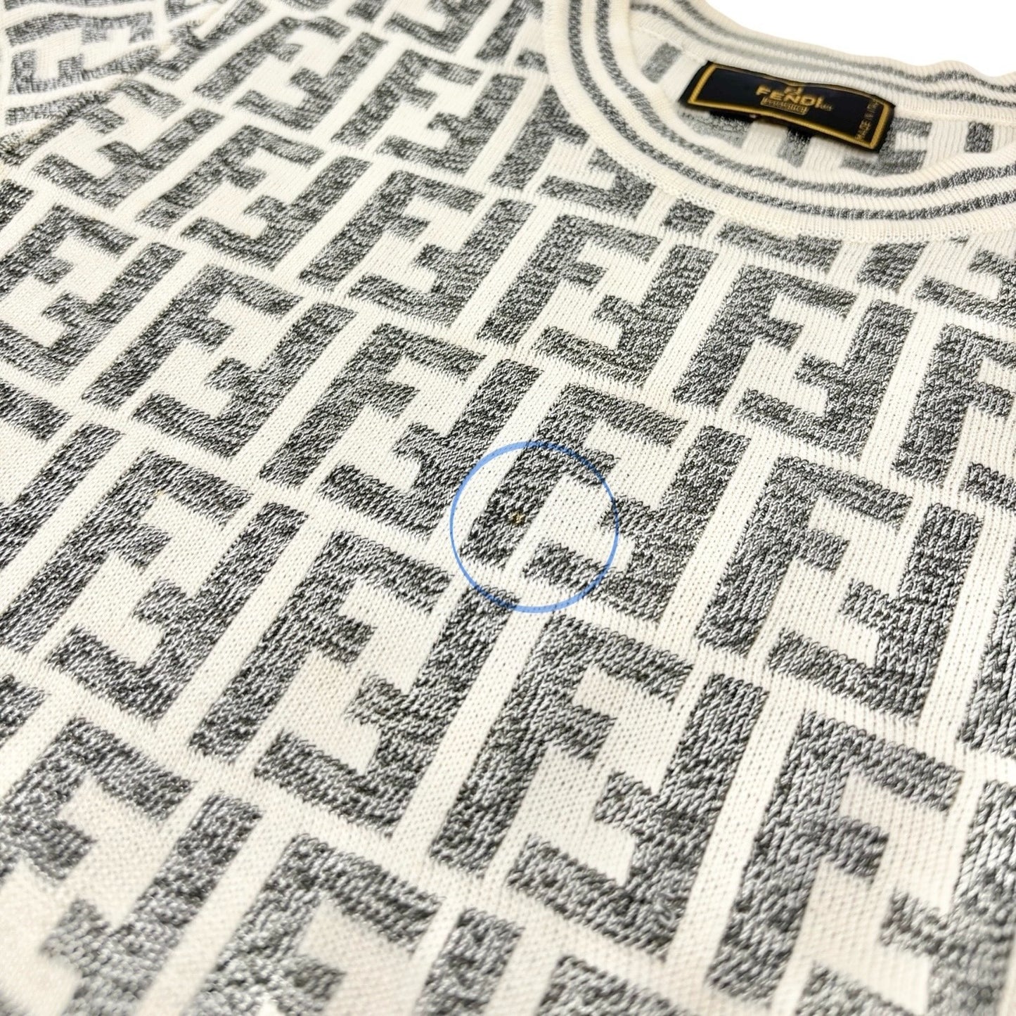 FENDI Vintage Zucca Monogram Short Sleeve Sweater Knit Top Cotton Gray Cream