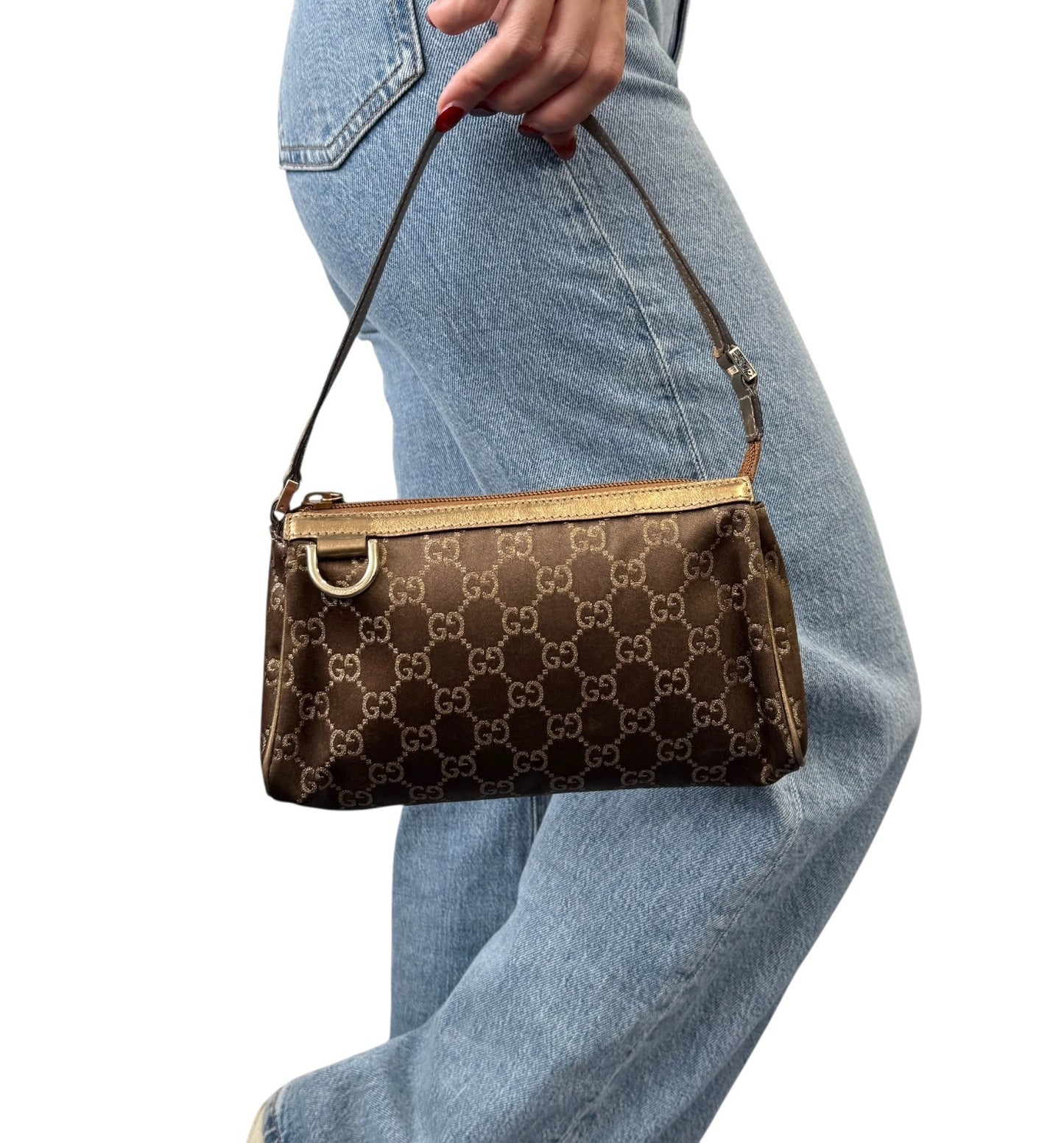 GUCCI Vintage GG Monogram Abbey Mini Shoulder Bag Pochette Gold Brown Canvas