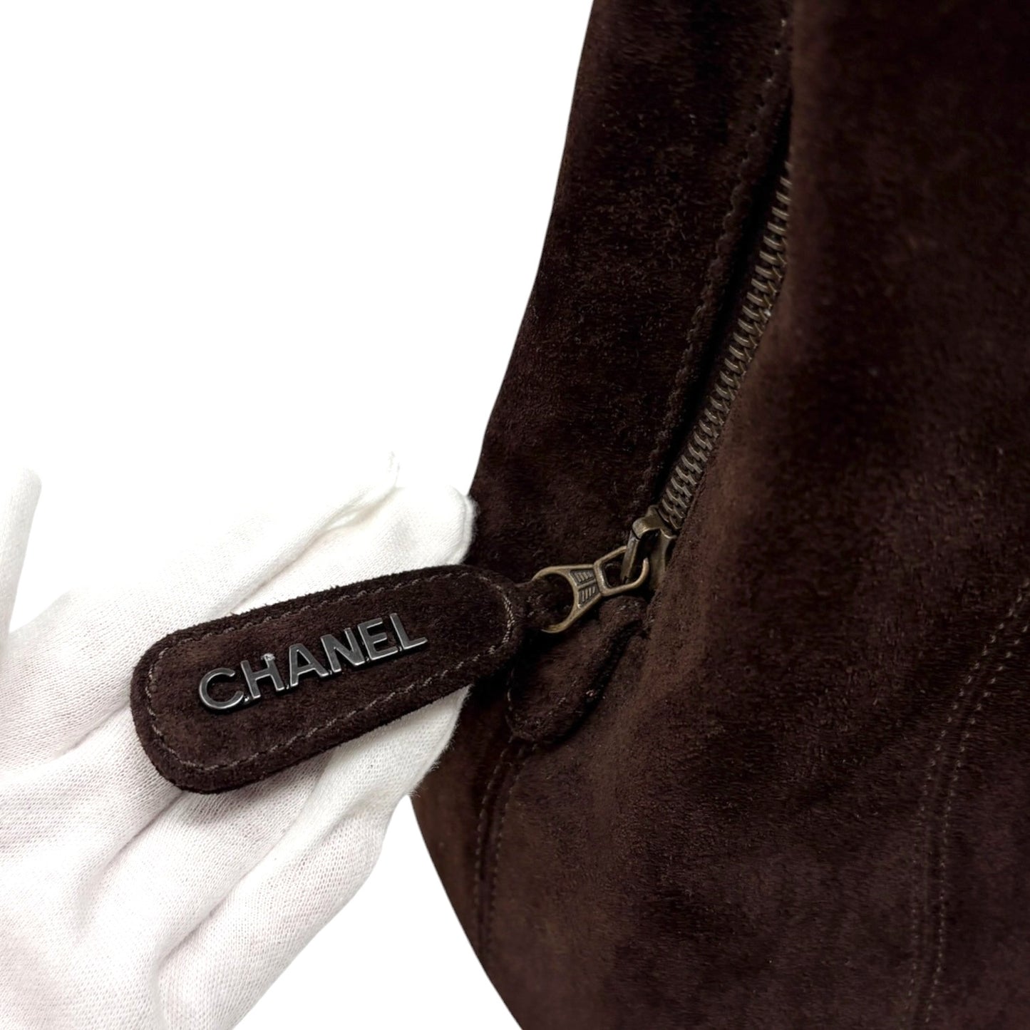 CHANEL Vintage Stitch CC Logo Suede Tote Shoulder Bag Brown Zip 902303