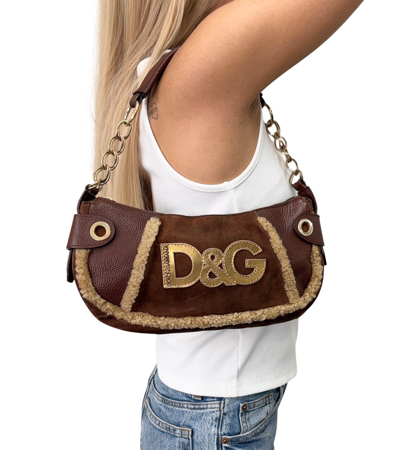 DOLCE&GABBANA Vintage D&G Chain Shoulder Bag Suede Leather Brown Gold 902412