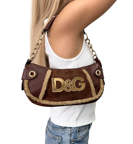 DOLCE&GABBANA Vintage D&G Chain Shoulder Bag Suede Leather Brown Gold 902412