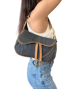 Christian Dior Vintage Double Saddle Bag Denim Dark Blue Brown Cotton Rank AB