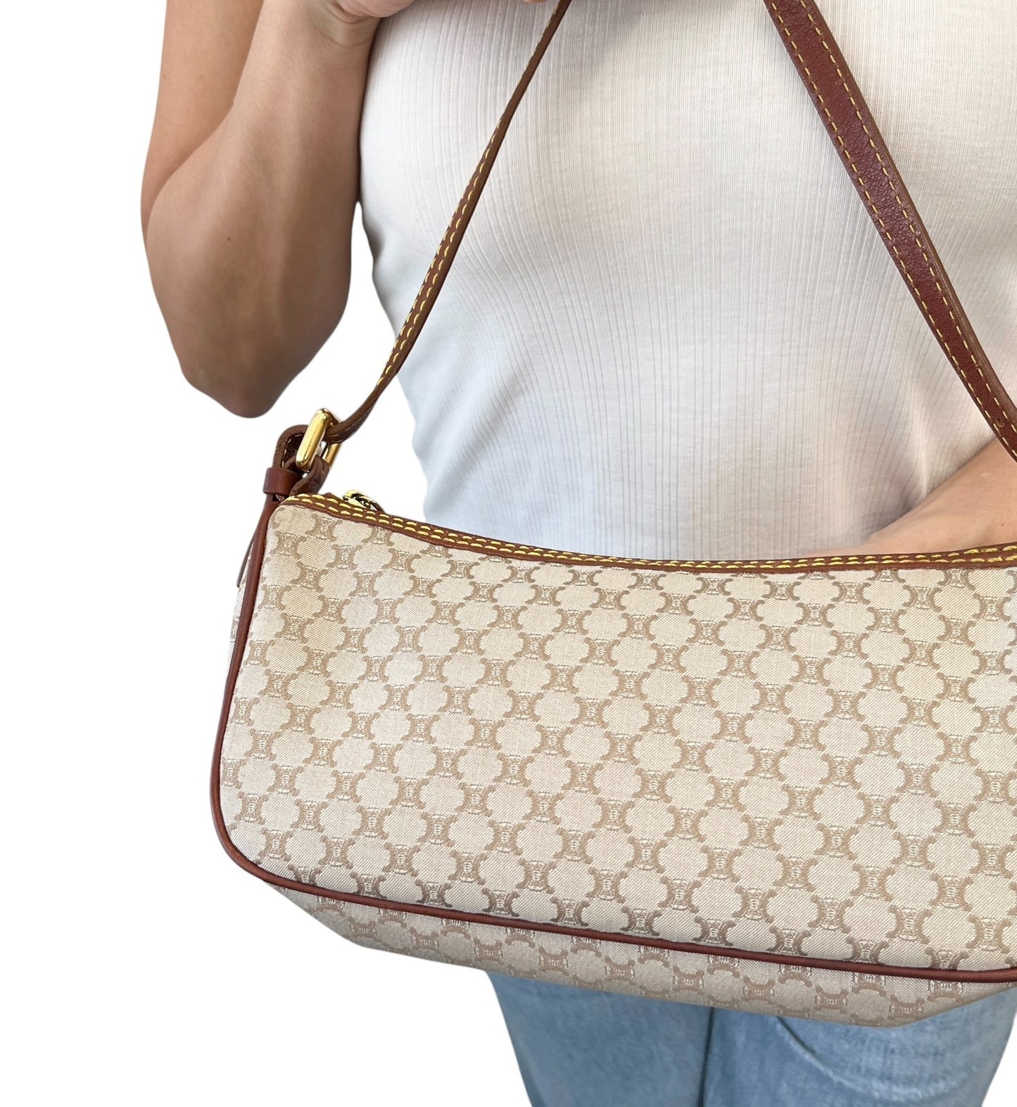 CELINE Vintage Macadam Monogram Canvas Shoulder Bag Pochette Brown Gray