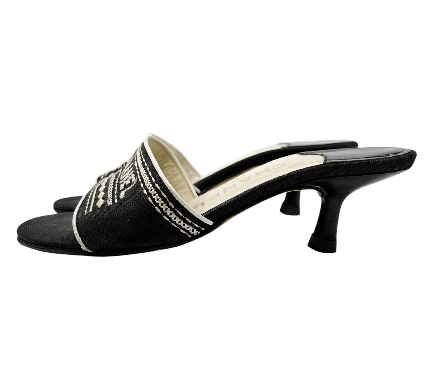 CHANEL Vintage CC Mark Logo Sandals Heels #36 Stitch Black White Cotton Leather
