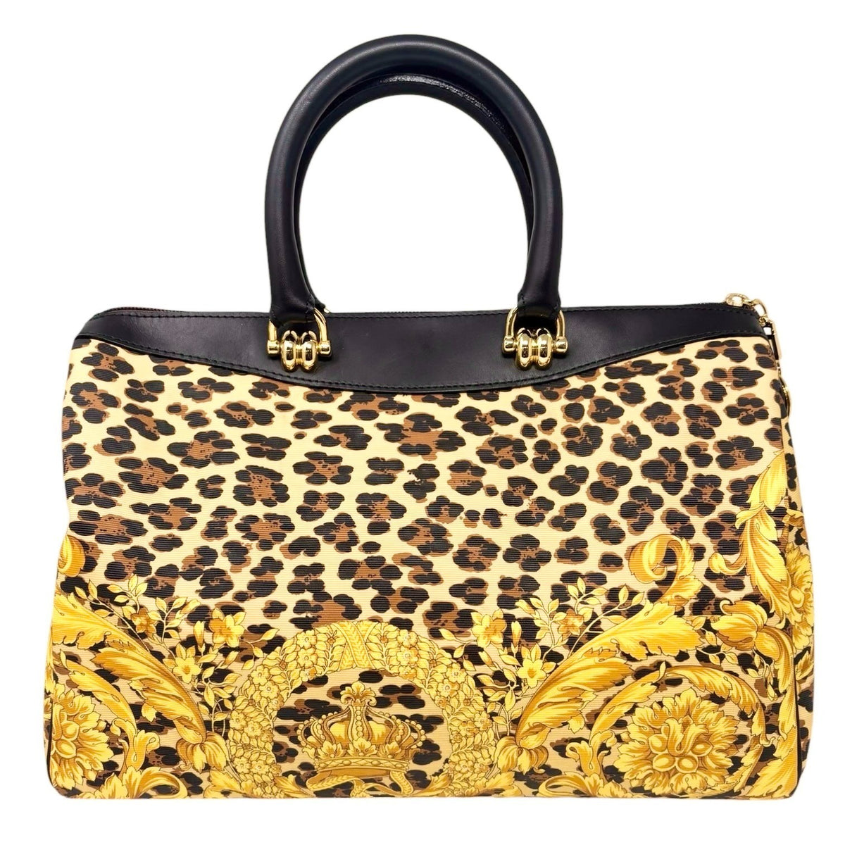 VERSACE Vintage Logo Leopard Baroque Crown Satchel Bag Yellow Black 902314