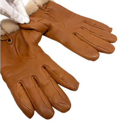 HERMES Vintage Kelly Padlock Cadena Fur Trim Leather Gloves #7 Brown 902367