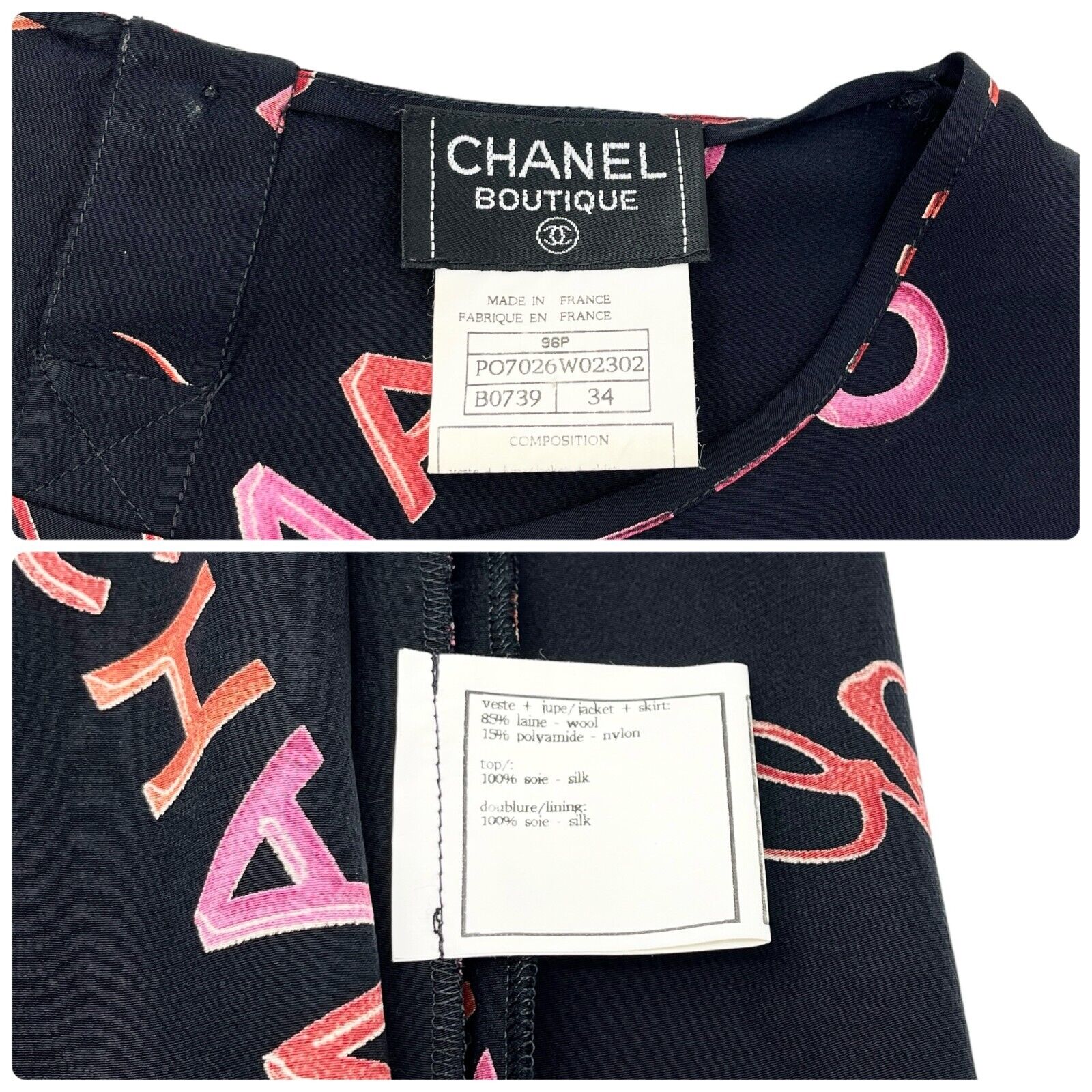 CHANEL Vintage 96P Rouge Logo Sleeveless Top #34 Button Black Silk Rank AB+